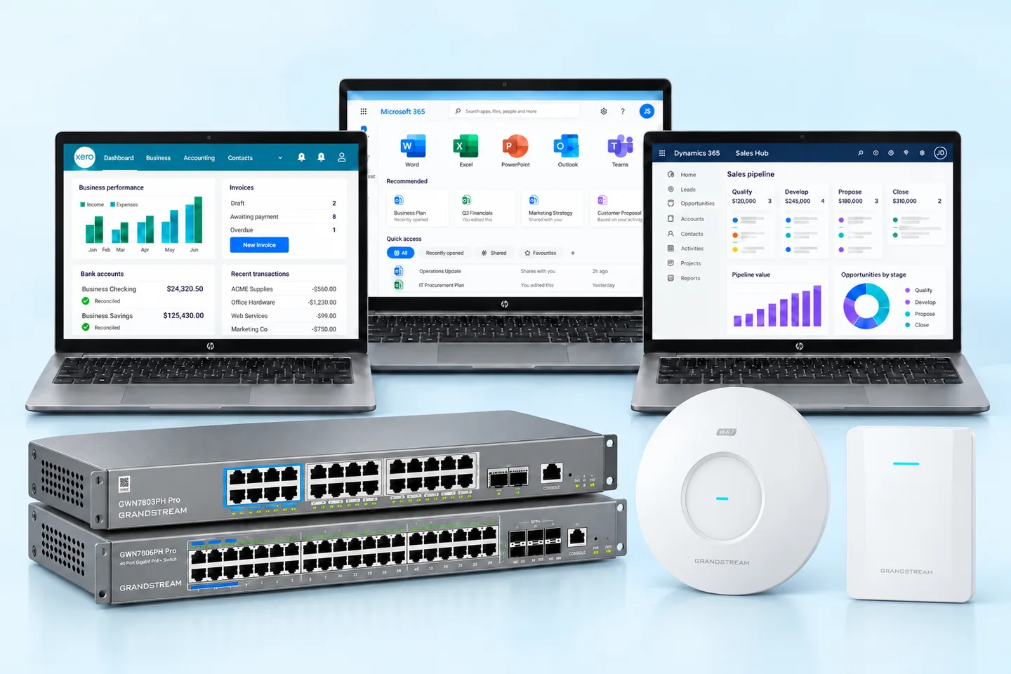 Business laptops, network switches and wireless access points.